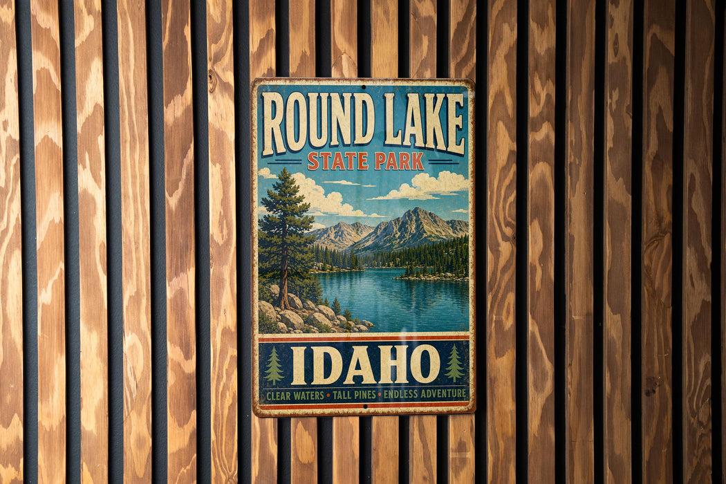 A vintage metal sign for Round Lake State Park in Idaho, featuring a scenic landscape with mountains, a lake, and pine trees.