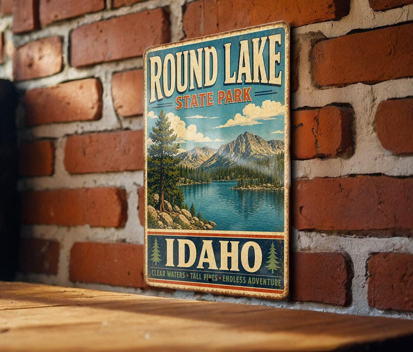 A vintage metal sign for Round Lake State Park in Idaho, featuring a scenic illustration of the lake surrounded by mountains and pine trees.