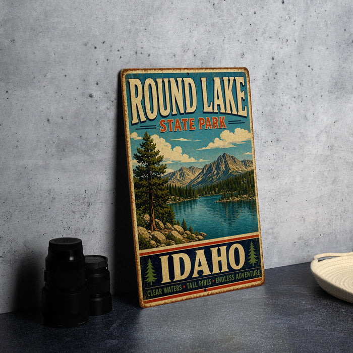 A vintage-style sign for Round Lake State Park in Idaho, featuring a scenic mountain landscape and a lake.