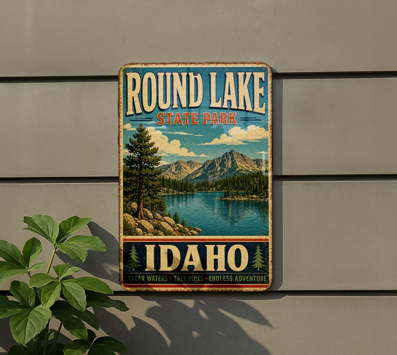 A vintage-style metal sign for Round Lake State Park in Idaho, featuring a scenic landscape with mountains, a lake, and pine trees.