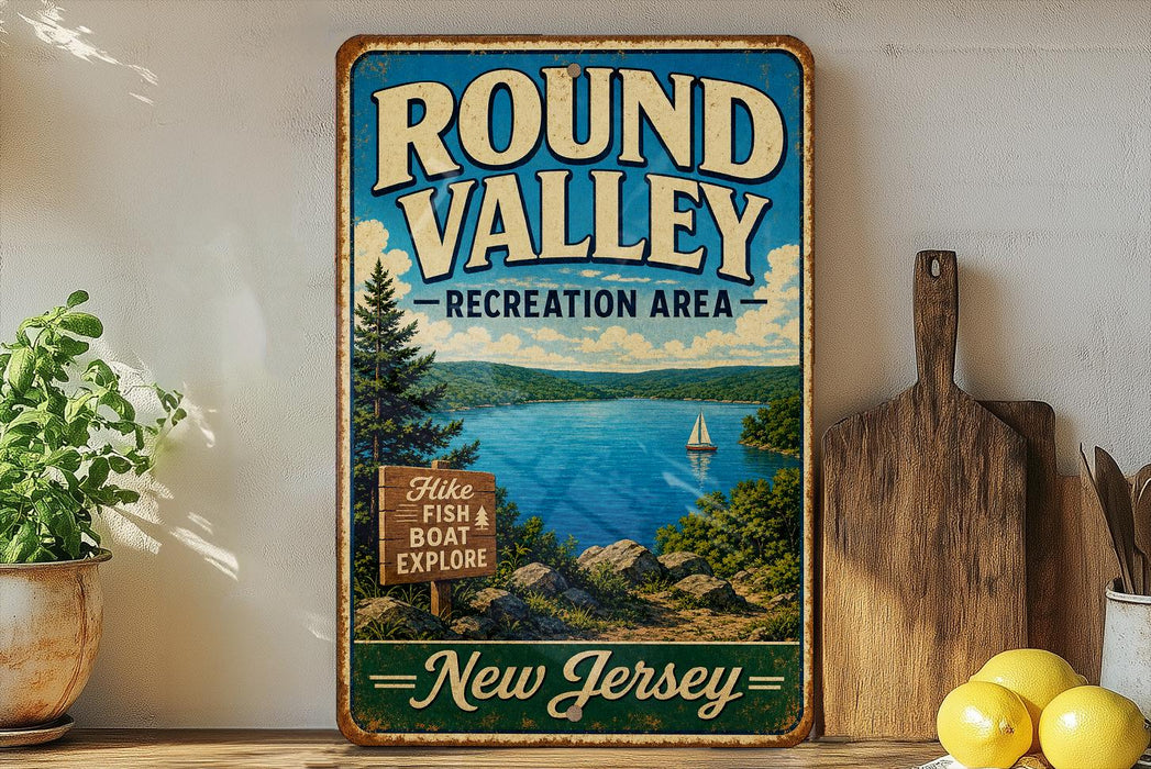 a vintage-style sign for the Round Valley Recreation Area in New Jersey, with a scenic lake and mountains in the background.
