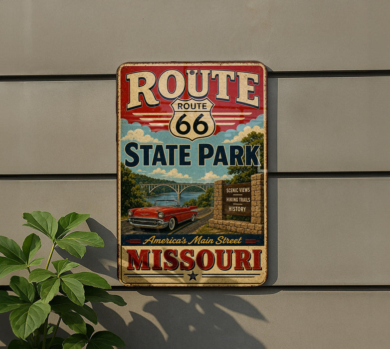 A vintage-style metal sign for Route 66 State Park in Missouri, featuring a red car and a scenic landscape.