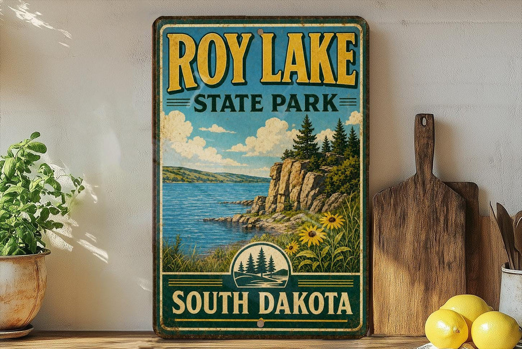 A vintage-style sign for Roy Lake State Park in South Dakota, featuring a scenic landscape with a lake, mountains, and pine trees.