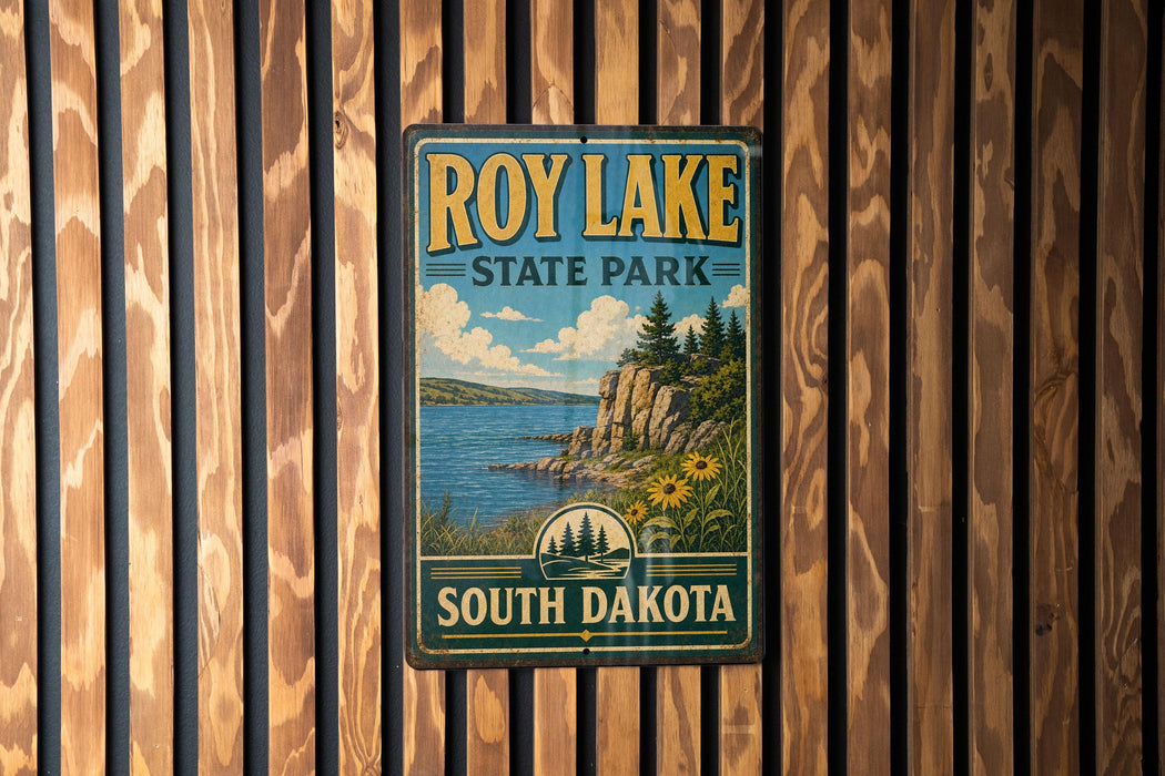 A vintage-style metal sign for Roy Lake State Park in South Dakota, featuring a scenic landscape with a lake, mountains, and trees.