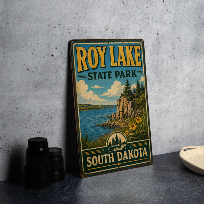 A vintage-style metal sign for Roy Lake State Park in South Dakota, featuring a scenic landscape with a lake, mountains, and pine trees.