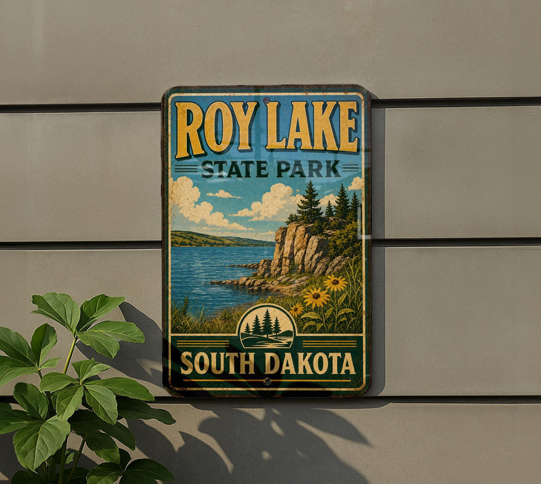 A vintage-style sign for Roy Lake State Park in South Dakota, featuring a scenic landscape with a lake, mountains, and trees.