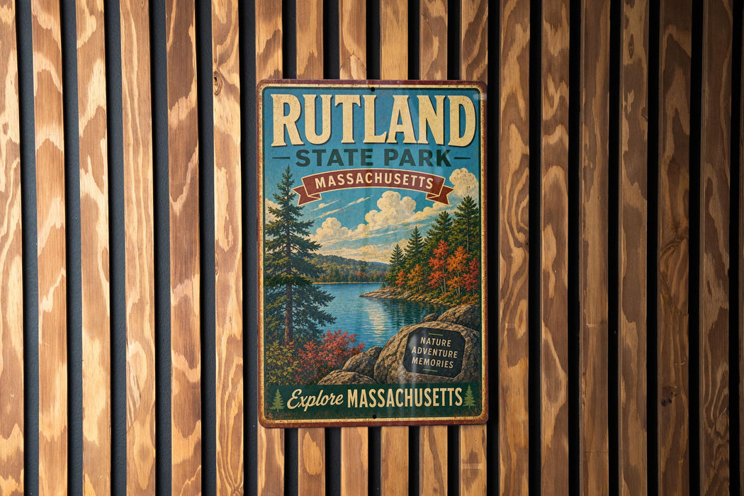 A vintage metal sign for Rutland State Park in Massachusetts, featuring a scenic landscape with pine trees, a lake, and mountains.