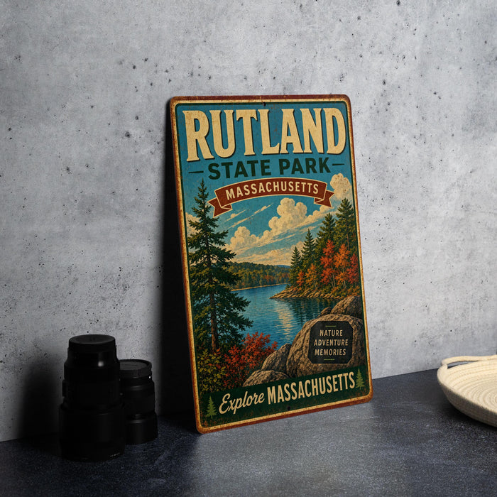 A vintage metal sign for Rutland State Park in Massachusetts, featuring a scenic landscape with pine trees, a lake, and mountains.