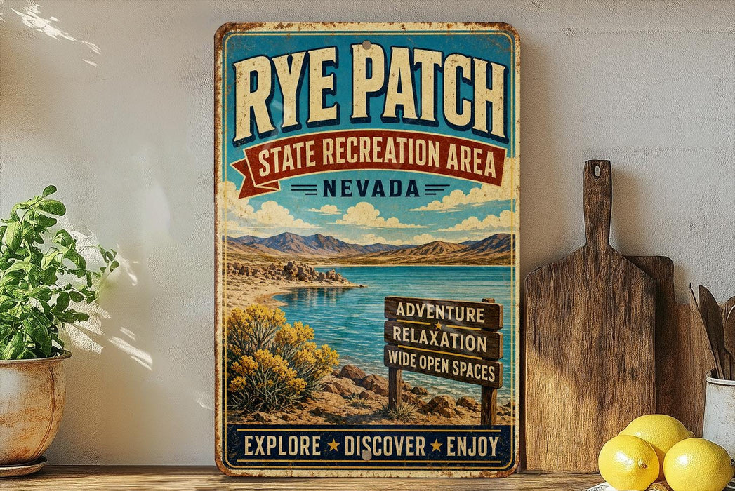 A vintage-style sign for Rye Patch State Recreation Area in Nevada, featuring a scenic landscape with mountains, water, and a sign indicating various recreational activities.
