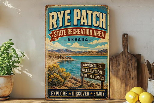 A vintage-style sign for Rye Patch State Recreation Area in Nevada, featuring a scenic landscape with mountains, water, and a sign indicating various recreational activities.