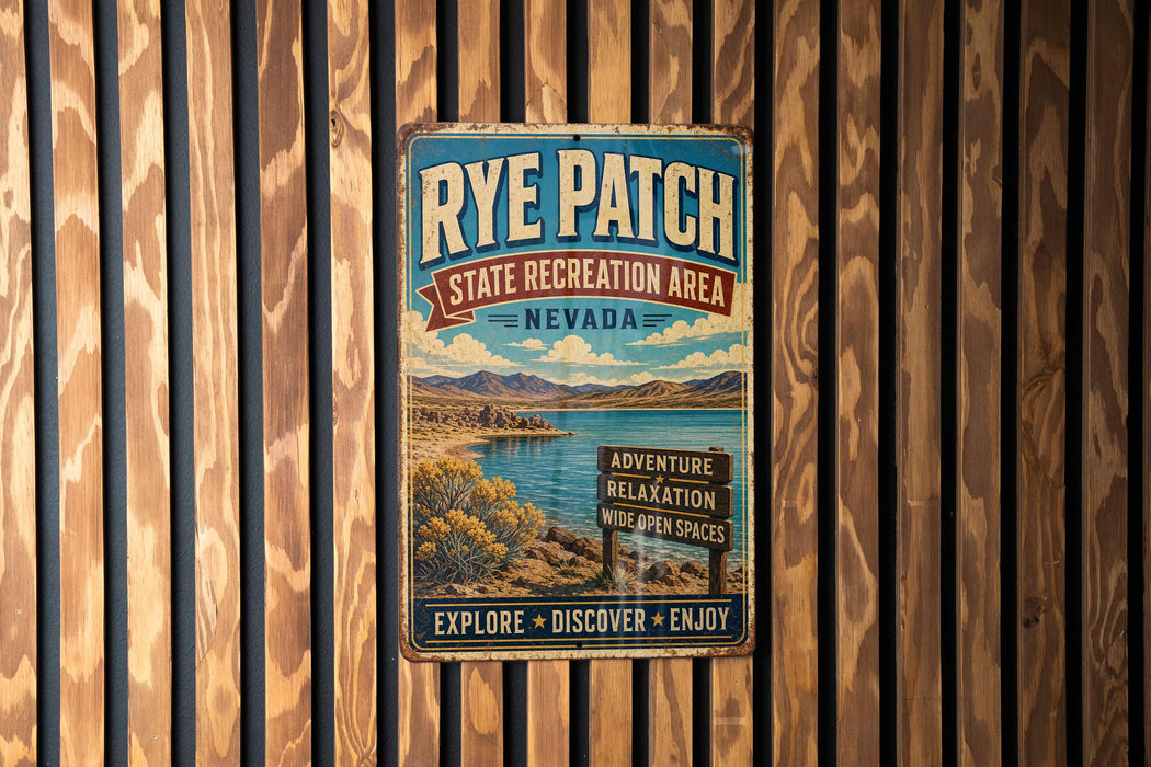 A vintage-style metal sign for Rye Patch State Recreation Area in Nevada, featuring a scenic landscape with mountains, water, and a sign that says "Adventure Relaxation Wide Open Spaces".