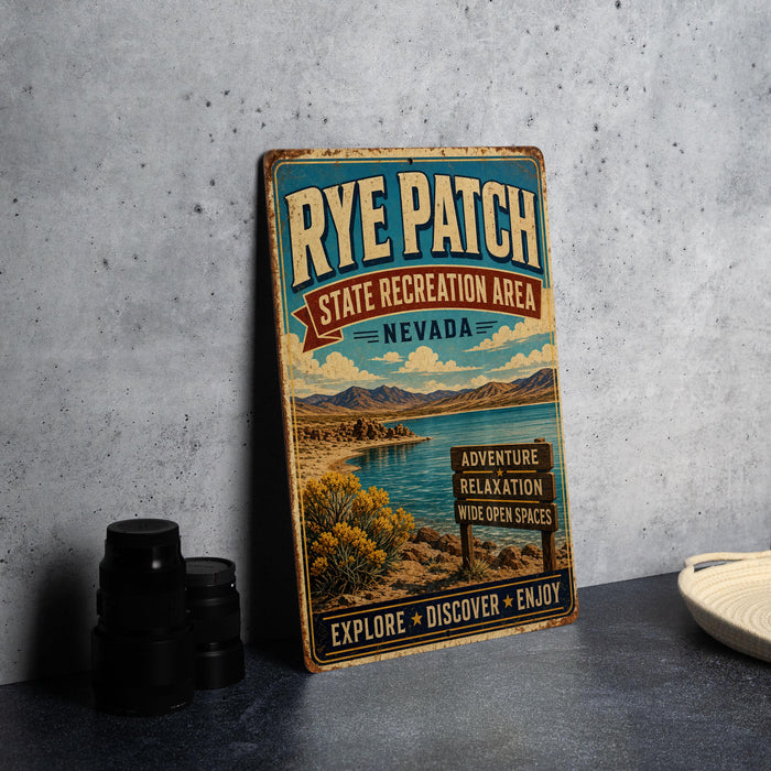 A vintage-style sign for the Rye Patch State Recreation Area in Nevada, featuring a scenic landscape with mountains, a lake, and desert vegetation.