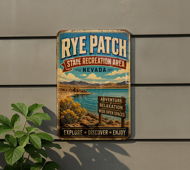 A vintage-style metal sign for Rye Patch State Recreation Area in Nevada, featuring a scenic landscape with mountains, a lake, and desert vegetation.