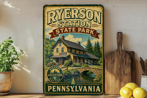 A vintage-style metal sign for Ryerson Station State Park in Pennsylvania, featuring a house and a bridge in a scenic landscape.