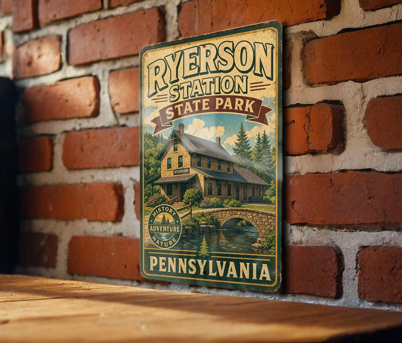 A vintage-style metal sign for Ryserson Station State Park in Pennsylvania, featuring an illustration of a historic building and a bridge.