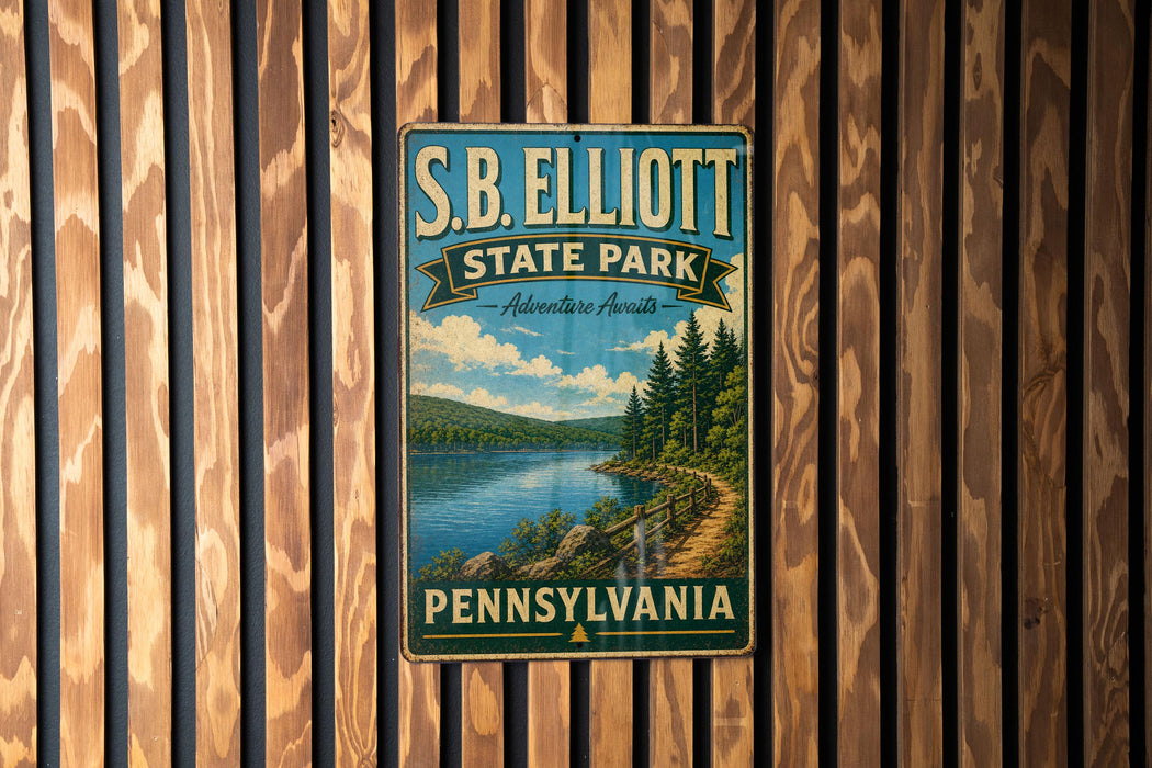 A vintage metal sign for S.B. Elliott State Park in Pennsylvania, featuring a scenic landscape with a lake and forest.