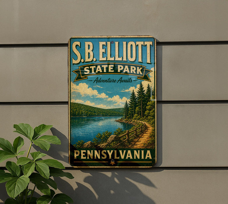 A vintage-style metal sign for S.B. Elliott State Park in Pennsylvania, featuring a scenic landscape with a lake, forest, and a winding path.