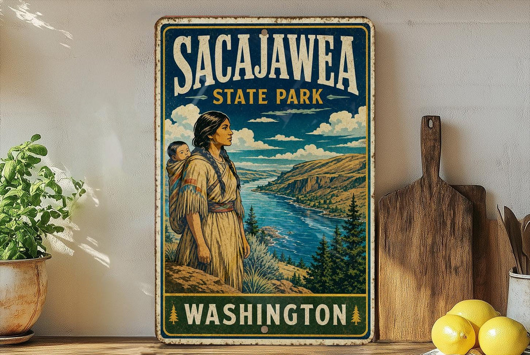 A vintage-style metal sign for Sacajawea State Park in Washington, featuring an illustration of a woman carrying a child and a scenic landscape.