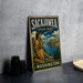 A vintage-style metal sign for Sacajawea State Park in Washington, featuring an illustration of a woman in traditional clothing and a scenic landscape.