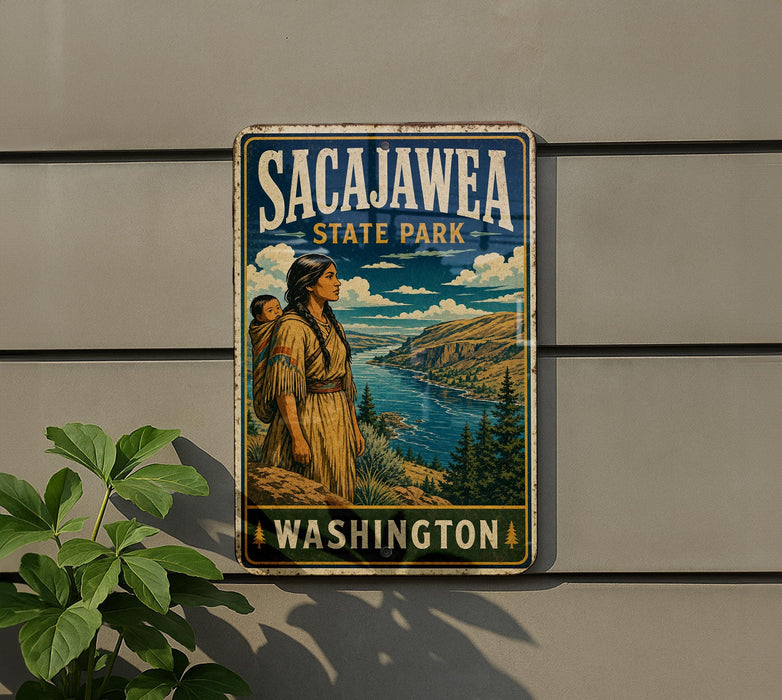 A vintage-style metal sign for Sacajawea State Park in Washington, featuring an illustration of a woman in traditional clothing standing on a cliff overlooking a river.