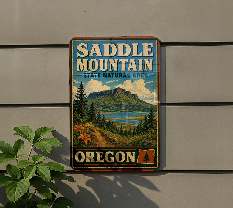 A vintage-style metal sign for Saddle Mountain State Natural Area in Oregon, featuring a scenic mountain landscape with pine trees, a lake, and a path leading to the mountain.