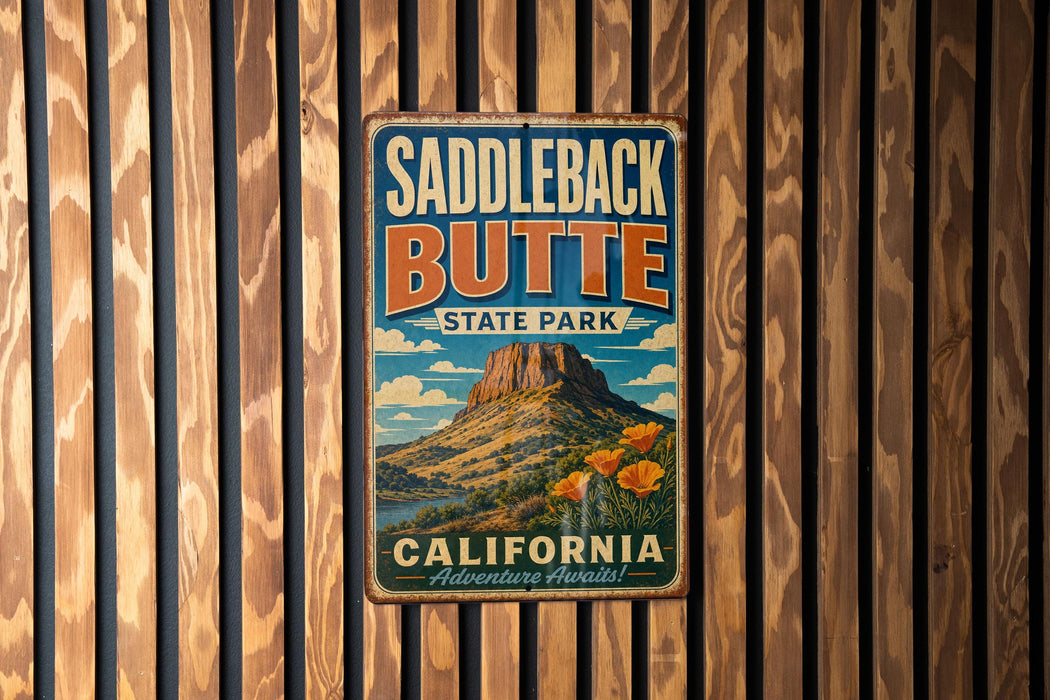 A vintage metal sign for Saddleback Butte State Park in California, featuring a mountain landscape with flowers.