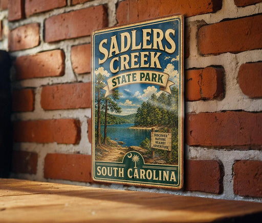 A vintage metal sign for Sadlers Creek State Park in South Carolina, featuring a scenic landscape with a lake and trees.