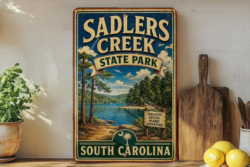 A vintage-style sign for Sadlers Creek State Park in South Carolina, featuring a scenic landscape with a lake and forest.
