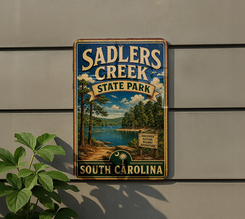 A vintage-style metal sign for Sadlers Creek State Park in South Carolina, featuring a scenic landscape with a lake and trees.