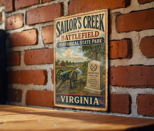A vintage metal sign for Sailor's Creek Battlefield Historical State Park in Virginia, featuring a cannon and a monument, mounted on a brick wall.