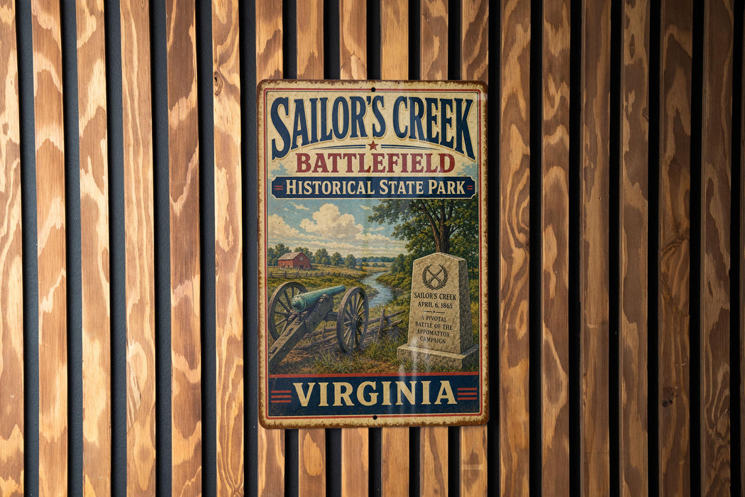 A vintage metal sign for Sailor's Creek Battlefield Historical State Park in Virginia, featuring a cannon and a gravestone, mounted on a wooden wall.