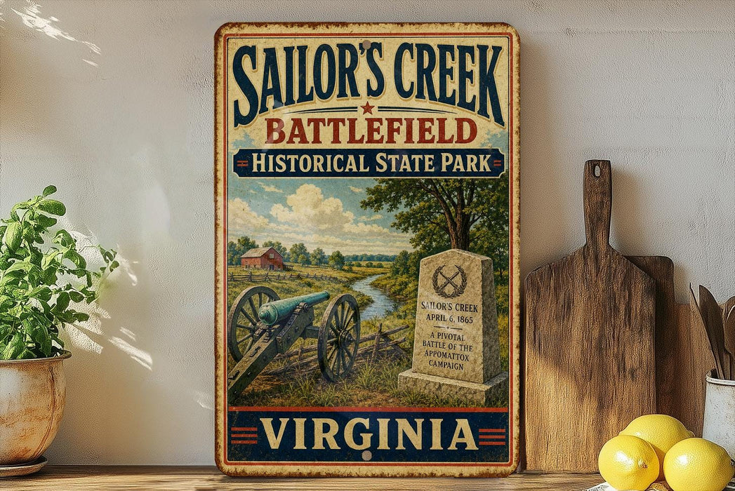 A vintage-style sign for Sailor's Creek Battlefield, a historical state park in Virginia, featuring a cannon, a gravestone, and a scenic landscape.