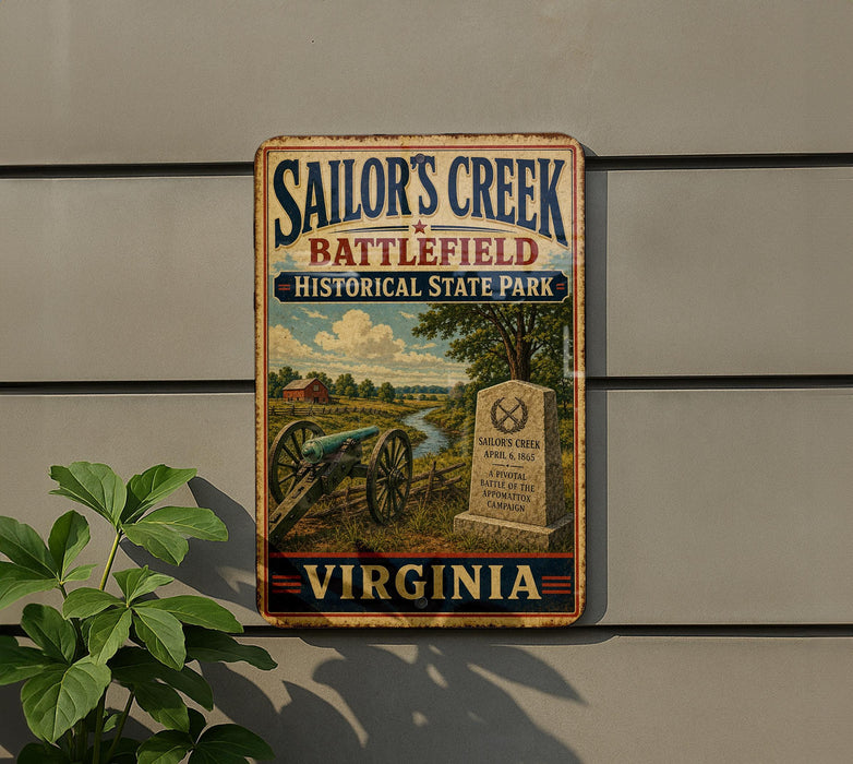 A vintage metal sign for Sailor's Creek Battlefield Historical State Park in Virginia, featuring a cannon and a gravestone.