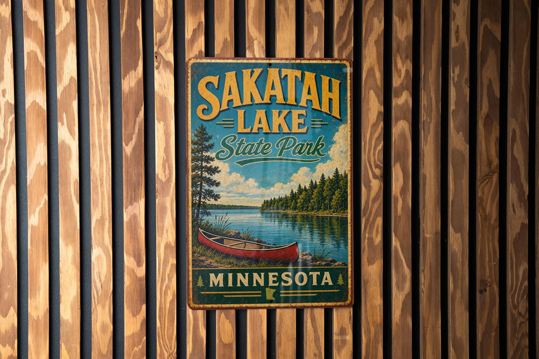 A vintage metal sign for Sakatah Lake State Park in Minnesota, featuring a canoe and a scenic landscape.