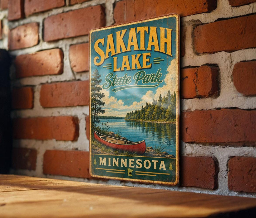 A vintage-style metal sign for Sakatah Lake State Park in Minnesota, featuring a scenic illustration of a lake and a canoe.