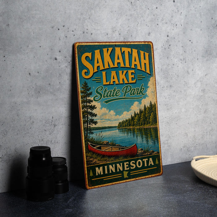 A vintage-style metal sign for Sakatah Lake State Park in Minnesota, featuring a scenic illustration of a lake, canoe, and trees.