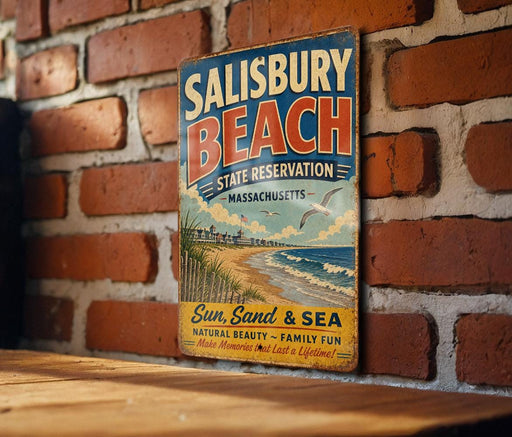 A vintage metal sign for Salisbury Beach, Massachusetts, featuring a beach scene and the text "Sun, Sand & Sea Natural Beauty - Family Fun Make Memories - Last A Lifetime".