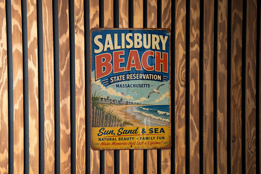 A vintage metal sign for Salisbury Beach, Massachusetts, featuring a beach scene and the text "Sun, Sand & Sea Natural Beauty - Family Fun Make Memories that Last a Lifetime".