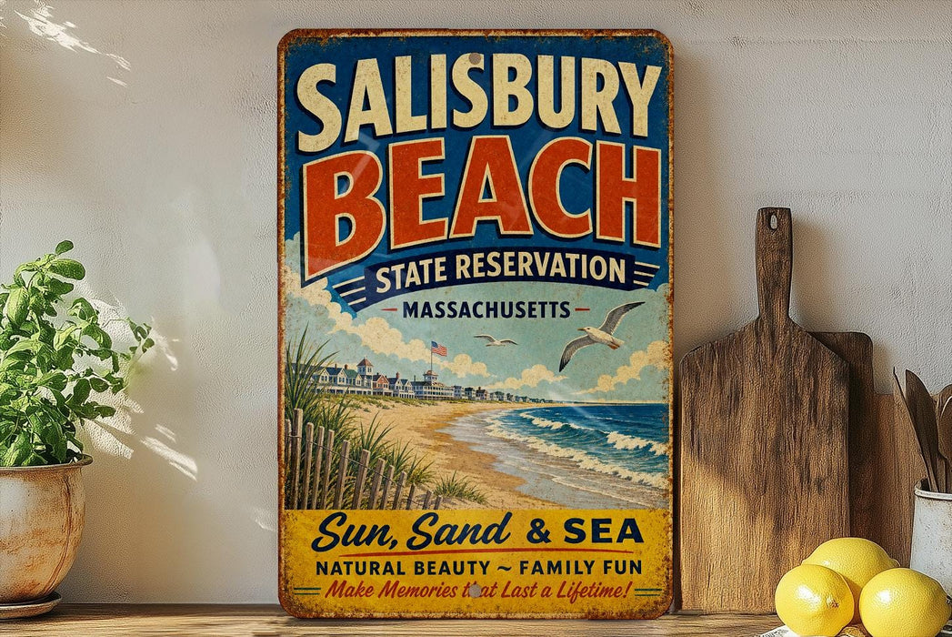 A vintage-style metal sign for Salisbury Beach State Reserve in Massachusetts, featuring a beach scene with a lighthouse and birds, along with the text "Sun, Sand & Sea Natural Beauty - Family Fun Make Memories it last a Lifetime".
