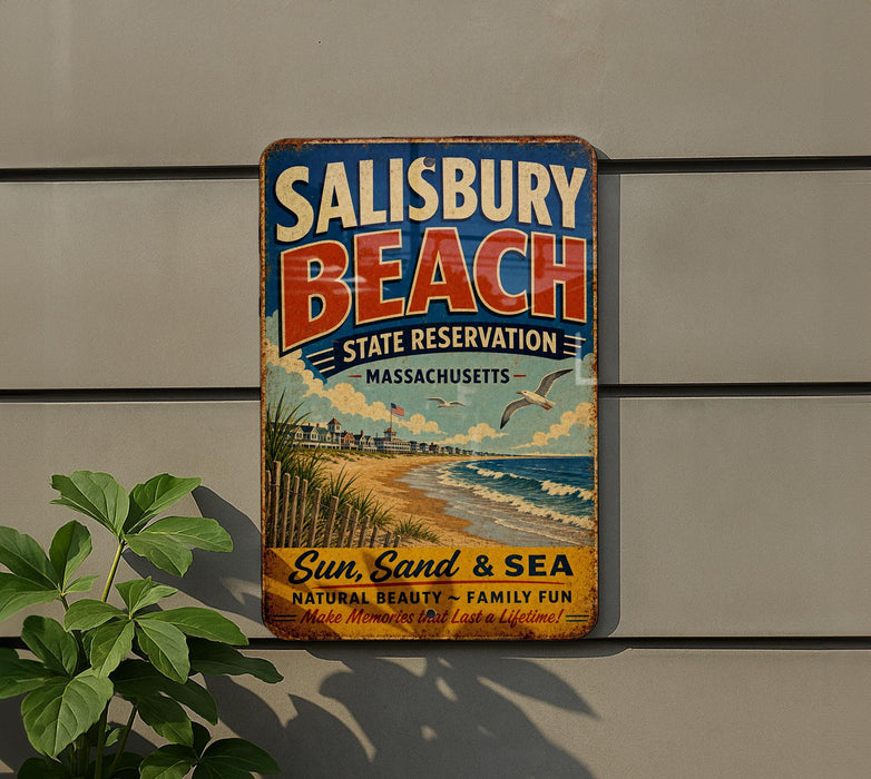 A vintage metal sign for Salisbury Beach State Reserve in Massachusetts, featuring a beach scene with a beach, ocean, and palm trees.