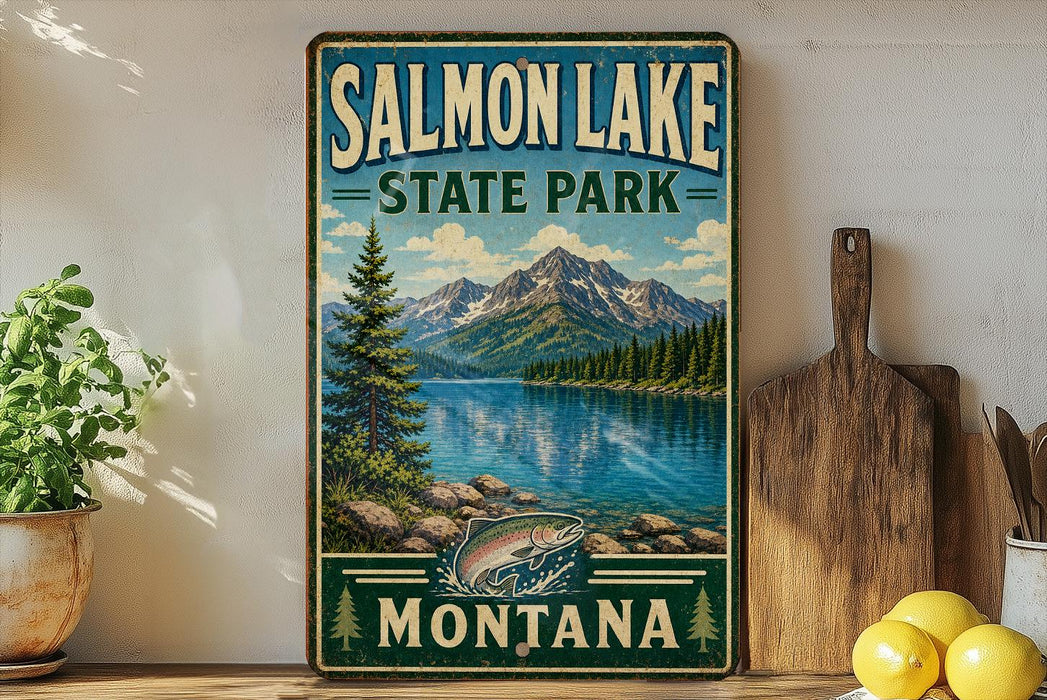 A vintage-style sign for Salmon Lake State Park in Montana, featuring a scenic mountain landscape with a lake and pine trees.