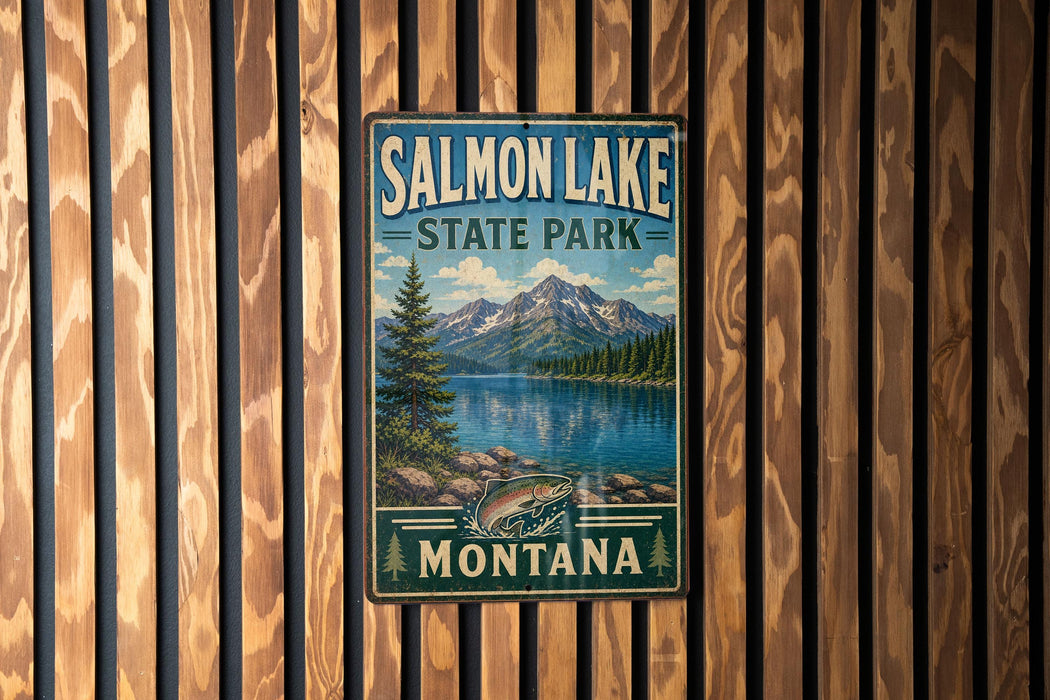 A metal sign for Salmon Lake State Park in Montana, featuring a scenic landscape with mountains, a lake, and a pine tree.