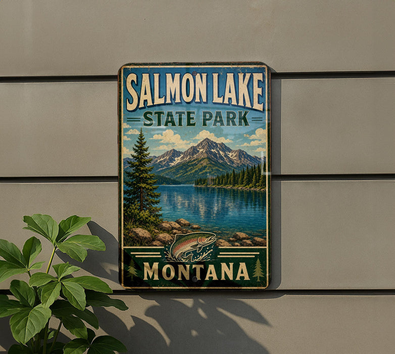 A metal sign displaying the name "Salmon Lake State Park Montana" with a scenic mountain landscape and a fish illustration.