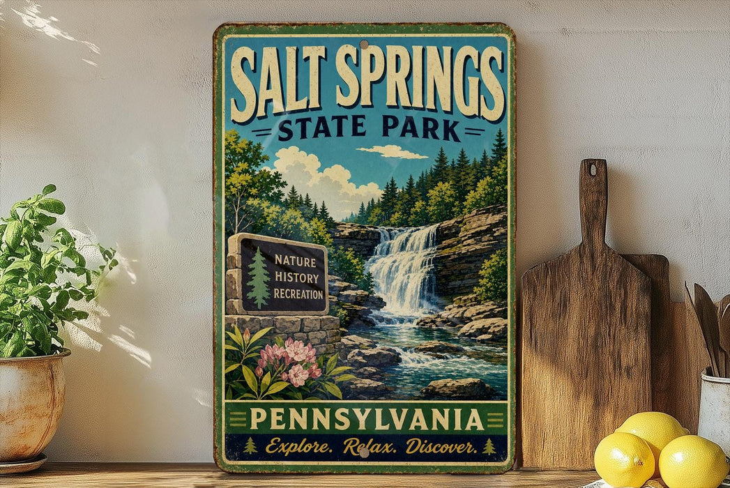 A vintage-style sign for Salt Springs State Park in Pennsylvania, featuring a waterfall and lush greenery, is displayed on a wooden shelf next to a potted plant and a wooden cutting board.
