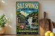 A vintage-style sign for Salt Springs State Park in Pennsylvania, featuring a waterfall and lush greenery, is displayed on a wooden shelf next to a potted plant and a wooden cutting board.