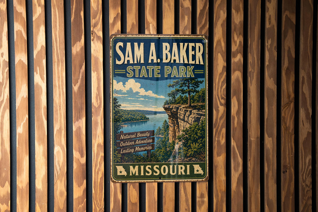 A vintage metal sign for Sam A. Baker State Park in Missouri, featuring a scenic landscape with a cliff, water, and trees.