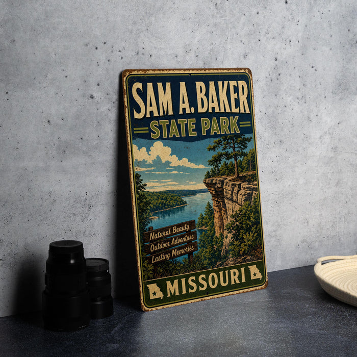 A vintage-style metal sign for Sam A. Baker State Park in Missouri, featuring a scenic landscape with a cliff overlooking a lake.