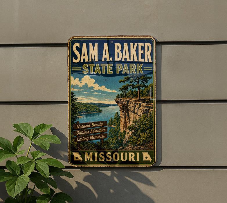 A vintage-style metal sign for Sam A. Baker State Park in Missouri, featuring a scenic landscape with a cliff overlooking a lake.