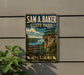 A vintage-style metal sign for Sam A. Baker State Park in Missouri, featuring a scenic landscape with a cliff overlooking a lake.