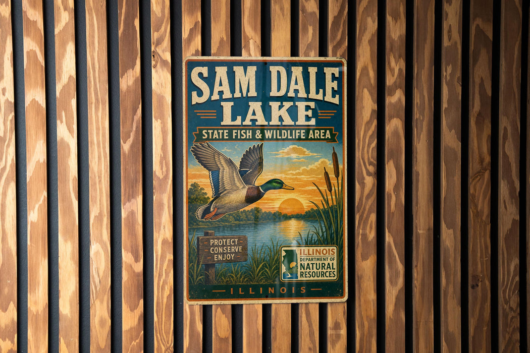 A vintage-style metal sign for Sam Dale Lake, Illinois, featuring a duck flying over a lake and a sunset in the background.